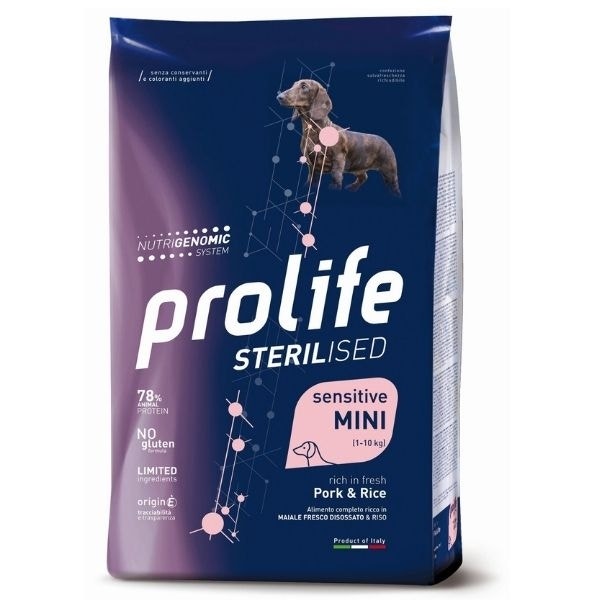 Prolife Dog Sterilised Croquettes au porc et au riz pour chiens, sac de 600 g