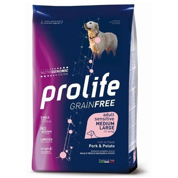 Prolife Grain Free Adult Sensitive Porc & Pomme de terre Croquettes pour chiens de taille moyenne/grande Sac de 2,5 kg