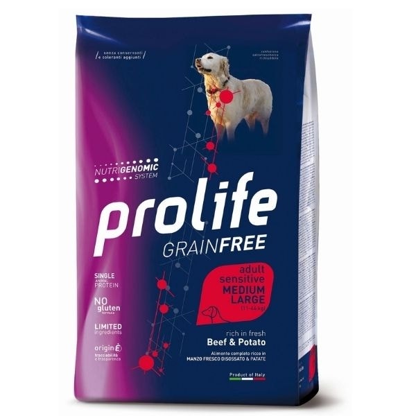 Prolife Grain Free Adult Sensitive Bœuf & Pomme de terre - Croquettes pour chiens de taille moyenne/grande - Sac de 2,5 kg