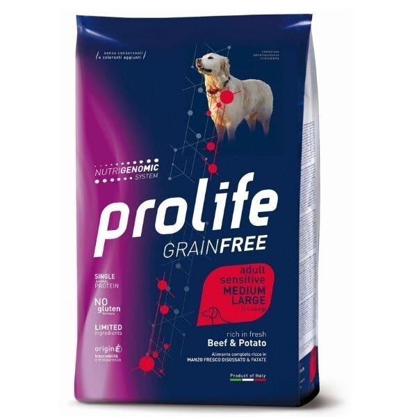 Prolife Grain Free Adult Sensitive Bœuf & Pomme de terre - Croquettes pour chiens de taille moyenne/grande - Sac de 2,5 kg