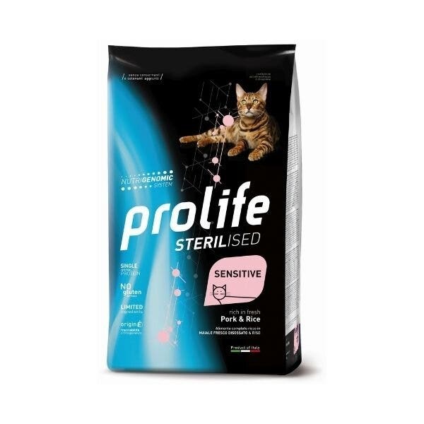 Prolife Sterilised Porc frais désossé et riz - Croquettes pour chats adultes - Sac de 7 kg