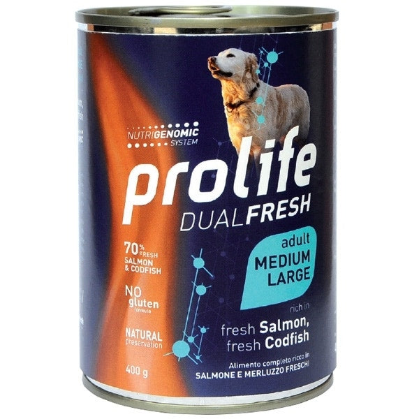 Prolife Dual Fresh Saumon et morue frais, nourriture humide pour chiens adultes de taille moyenne/grande, boîte de 400 g