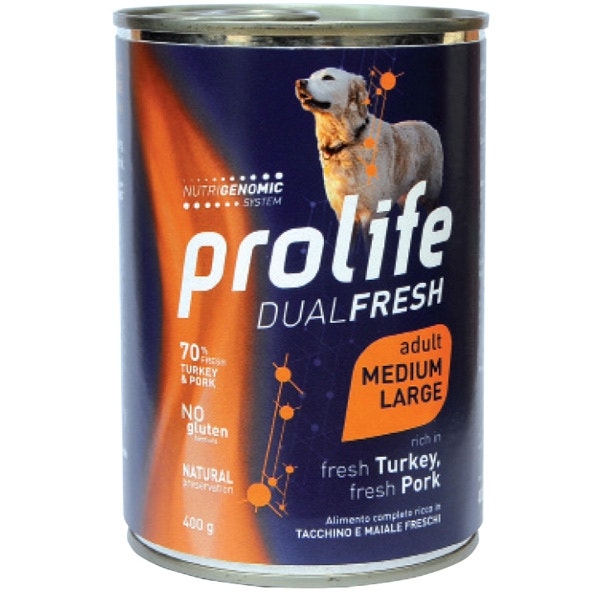 Prolife Dual Fresh Dinde et porc frais, nourriture humide pour chiens adultes de taille moyenne/grande, boîte de 400 g