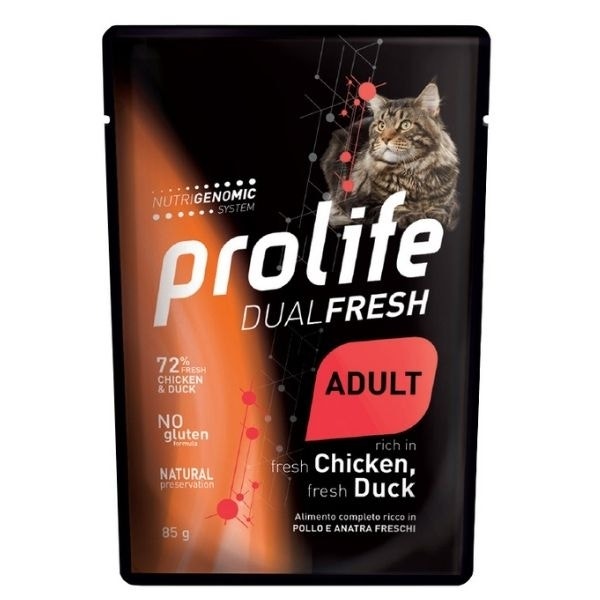 Prolife Dual Fresh Poulet et Canard Frais, Nourriture humide pour chats adultes, sachet de 85 g