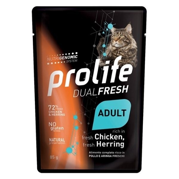 Prolife Dual Fresh Poulet et hareng frais, nourriture humide pour chats adultes, sachet de 85 g