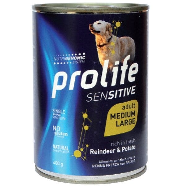 Prolife Sensitive Renne aux pommes de terre, nourriture humide pour chiens adultes de taille moyenne/grande, boîte de 400 g