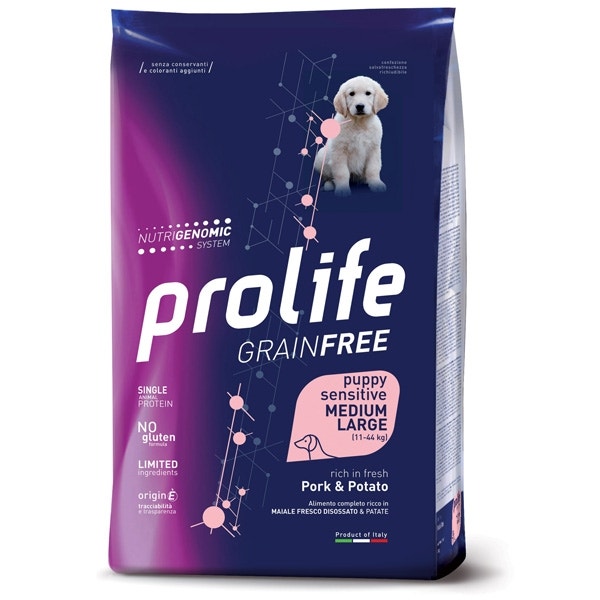 Prolife Grain Free Sensitive Porc & Pomme de terre Croquettes pour chiots de taille moyenne/grande Sac de 2,5 kg