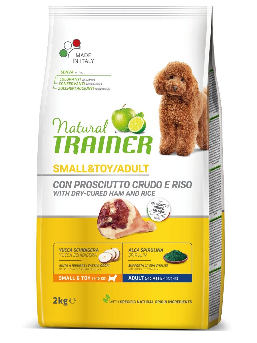 Natural Trainer Crocchette Prosciutto Crudo/Riso Per Cani Adulti Taglia Piccola Sacco 2kg