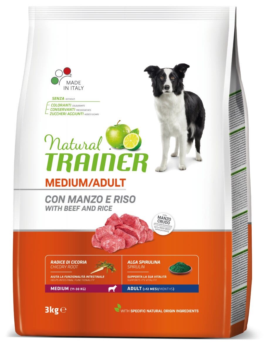 Natural Trainer Crocchette Manzo/Riso Per Cani Adulti Taglia Media Sacco 3kg