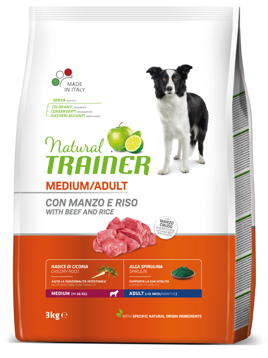 Natural Trainer Crocchette Manzo/Riso Per Cani Adulti Taglia Media Sacco 3kg
