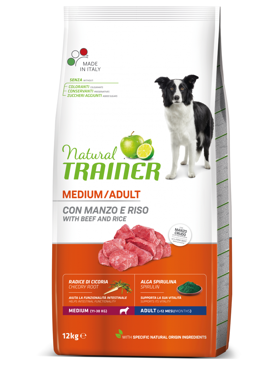 Natural Trainer Crocchette Manzo/Riso Per Cani Adulti Taglia Media Sacco 12kg