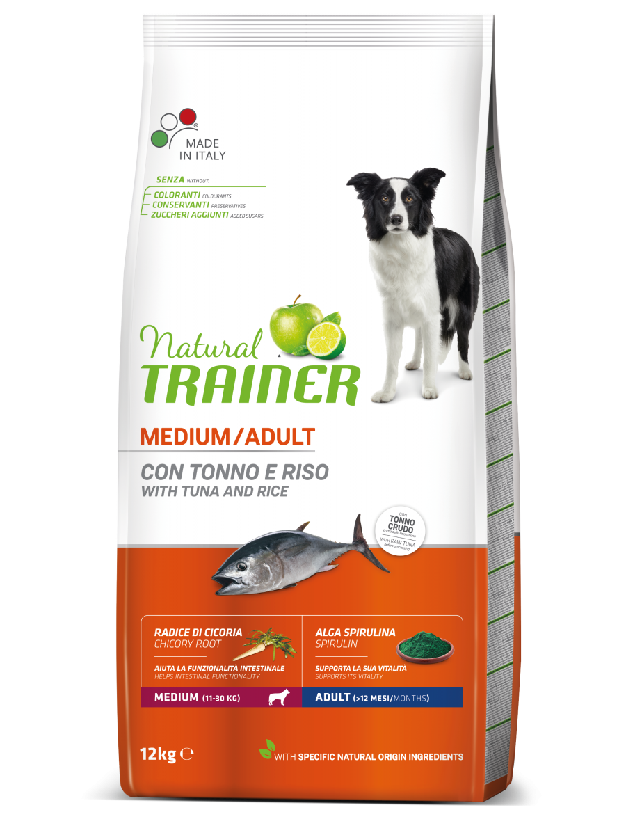 Natural Trainer Crocchette Tonno/Riso/Alga Spirulina Per Cani Taglia Media Sacco 12kg