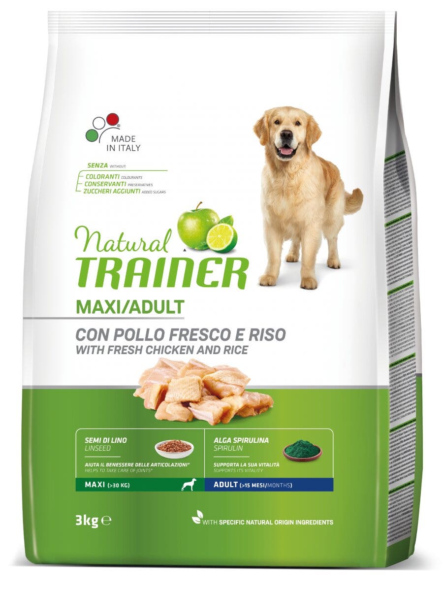 Natural Trainer Crocchette Pollo/Riso/Alga Spirulina Per Cani Adulti Taglia Grande Sacco 3kg