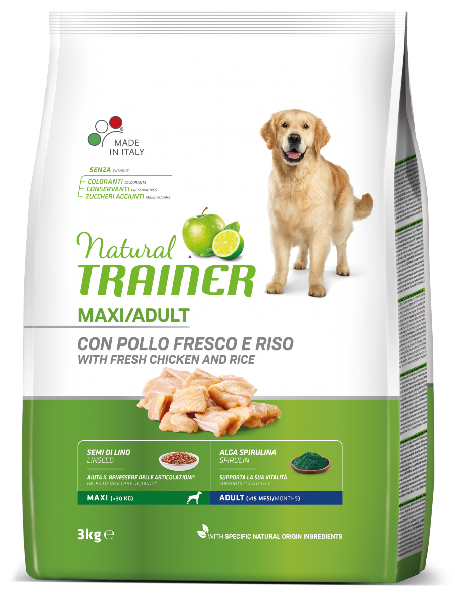 Natural Trainer Crocchette Pollo/Riso/Alga Spirulina Per Cani Adulti Taglia Grande Sacco 3kg