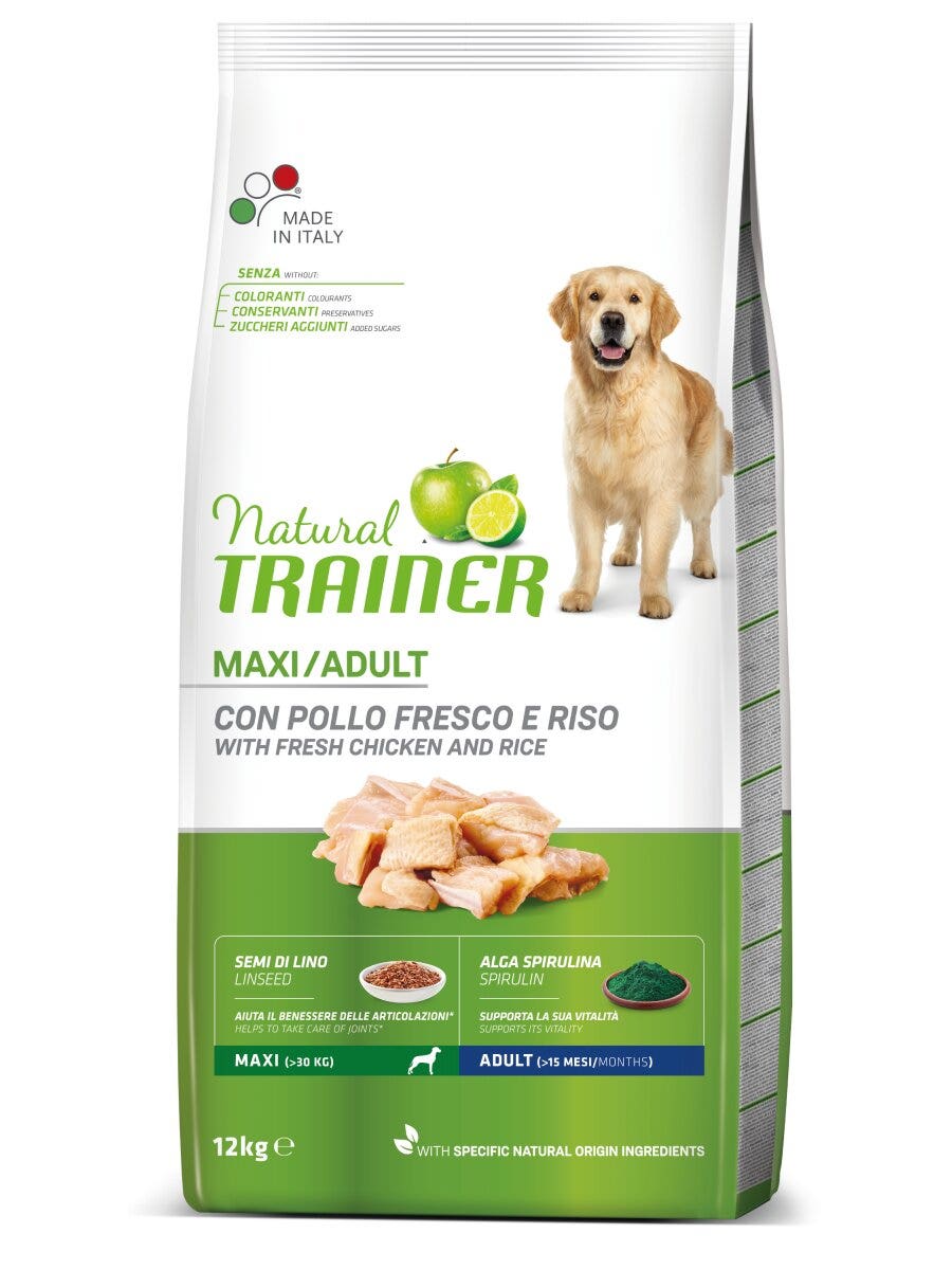 Natural Trainer Crocchette Pollo/Riso/Alga Spirulina Per Cani Adulti Taglia Grande Sacco 12kg