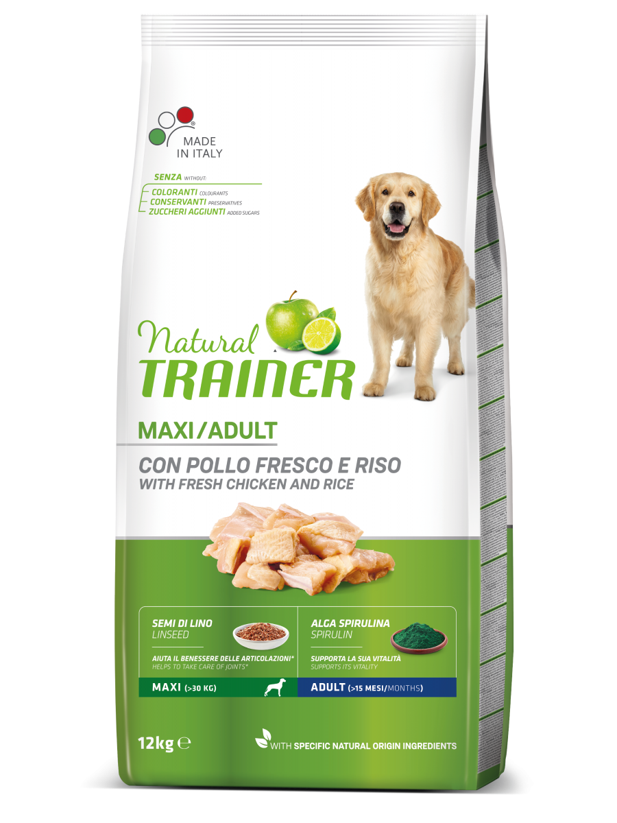 Natural Trainer Crocchette Pollo/Riso/Alga Spirulina Per Cani Adulti Taglia Grande Sacco 12kg