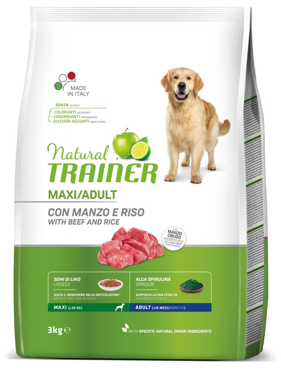 Natural Trainer Crocchette Manzo/Riso Per Cani Adulti Taglia Grande Sacco 3kg