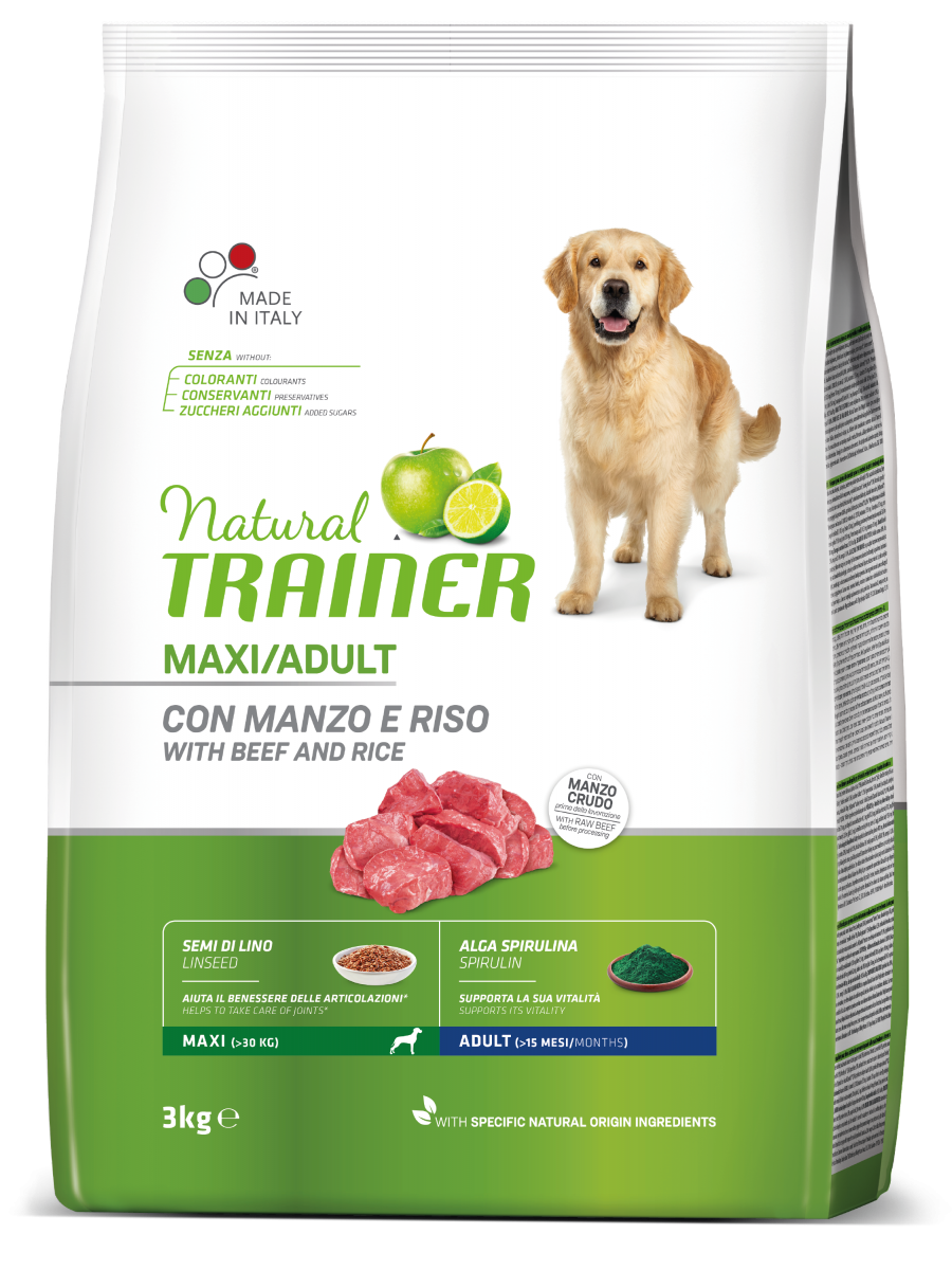 Natural Trainer Crocchette Manzo/Riso Per Cani Adulti Taglia Grande Sacco 3kg