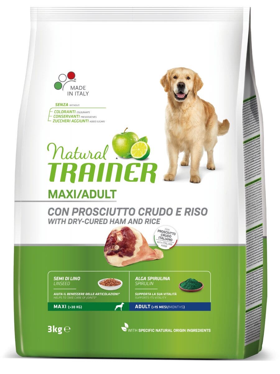 Natural Trainer Crocchette Prosciutto Crudo/Riso Per Cani Adulti Taglia Grande Sacco 3kg