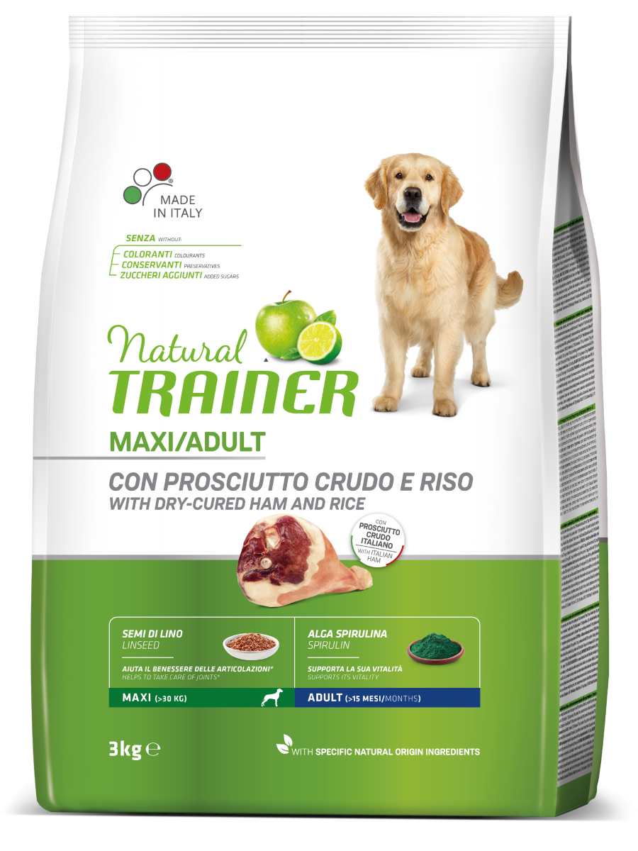 Natural Trainer Crocchette Prosciutto Crudo/Riso Per Cani Adulti Taglia Grande Sacco 3kg