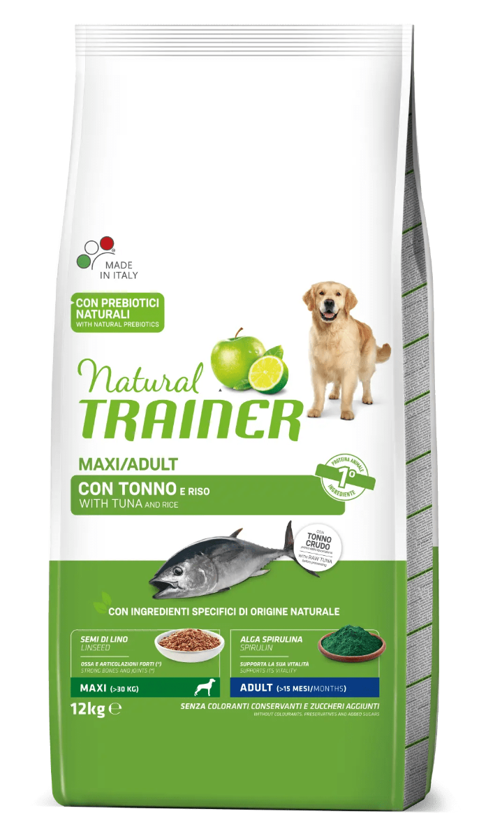 Natural Trainer Crocchette Tonno/Riso Per Cani Adulti Taglia Grande Sacco 12 Kg