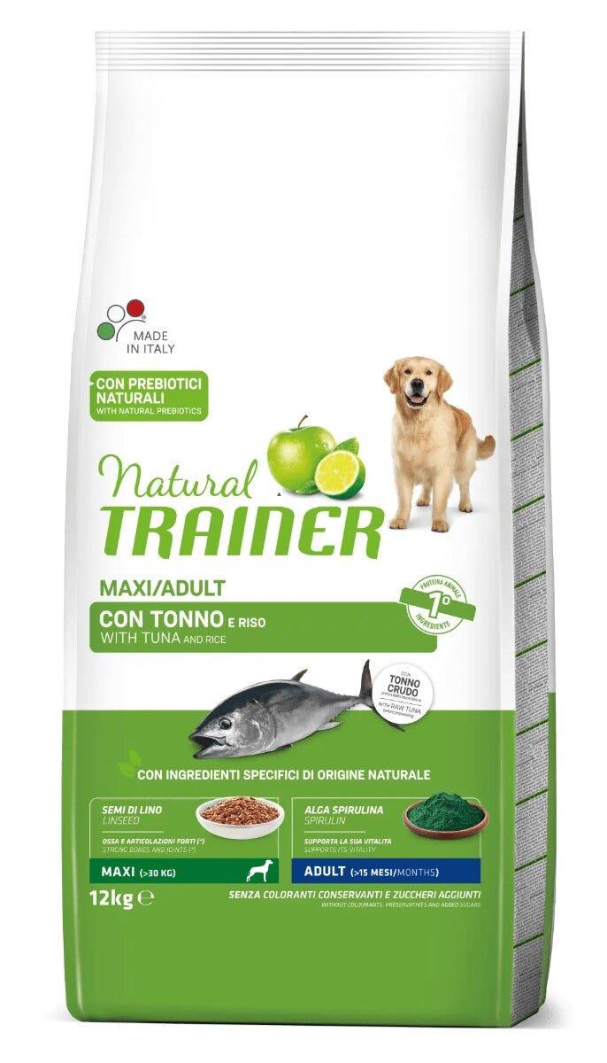 Natural Trainer Crocchette Tonno/Riso Per Cani Adulti Taglia Grande Sacco 12 Kg