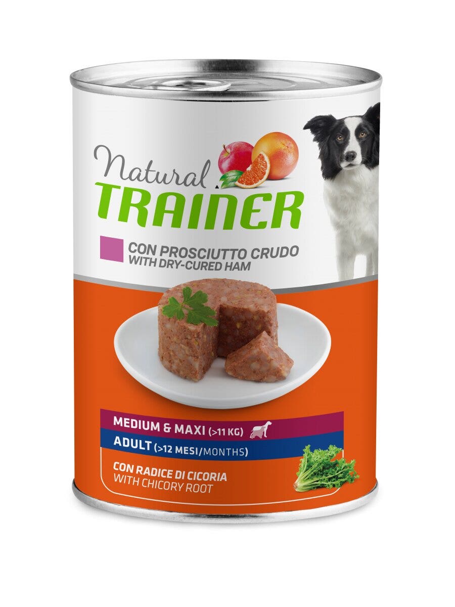 Natural Trainer Cibo Umido Prosciutto Crudo/Riso Per Cani Adulti Taglia Media/Grande Lattina 400g