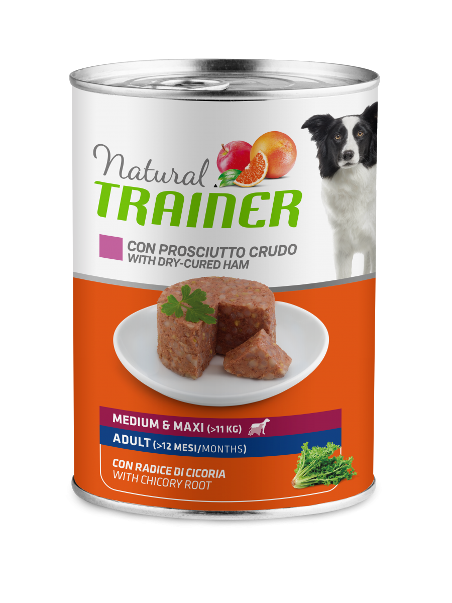 Natural Trainer Cibo Umido Prosciutto Crudo/Riso Per Cani Adulti Taglia Media/Grande Lattina 400g
