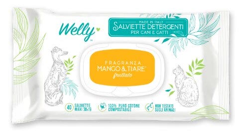 Welly Lingettes nettoyantes parfumées à la mangue et au tiaré pour chiens et chats, 40 pièces