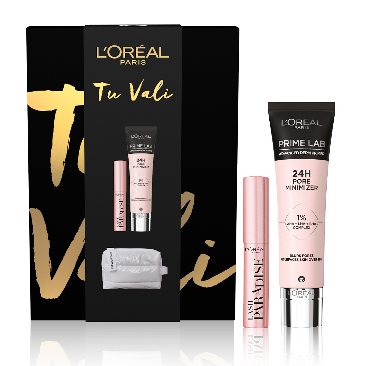 L'Oréal Paris Self Confidence Box Prime Pore minimizer Mascara Lash Paradise + Mini Beauty Blanc