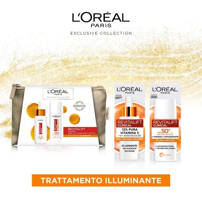 L'Oréal Paris Pochette Revitalift Clinical con Siero Viso+Fluido Anti-UV SPF 50+Routine Illuminante con Vitamina C 30 ml+50 ml