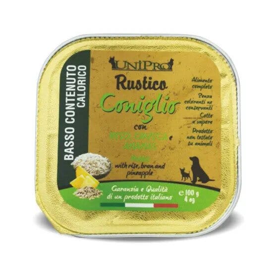Unipro Rustico Lapin au riz/son/ananas pour chiens en surpoids Barquette 100 g