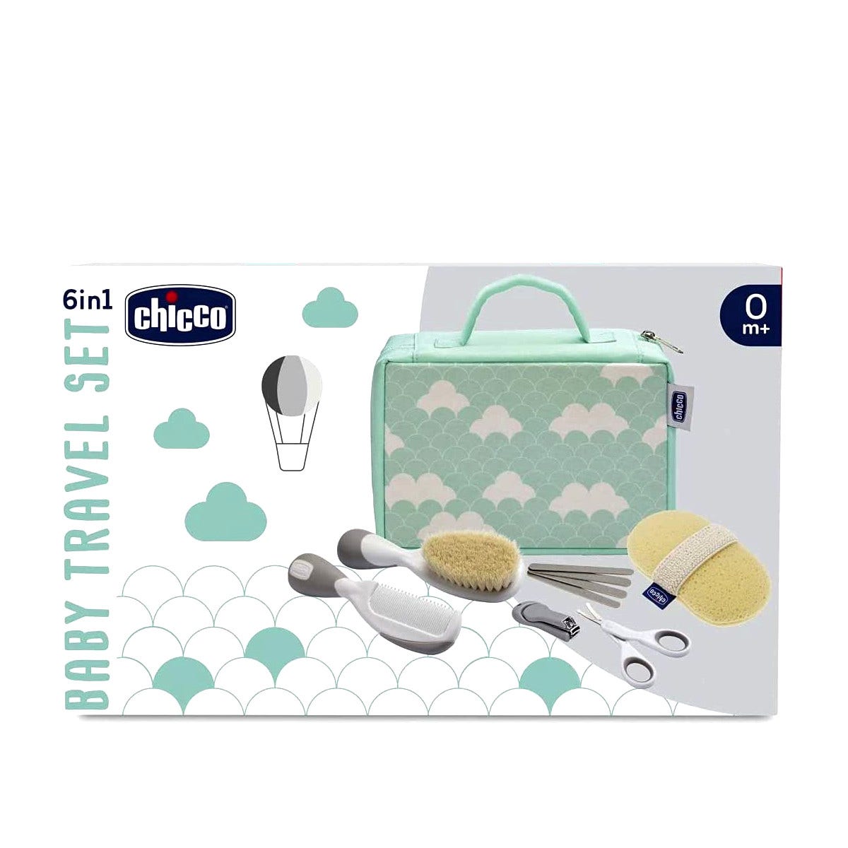 Chicco Kit de voyage brosse + peigne + éponge + ciseaux + coupe-ongles + lime