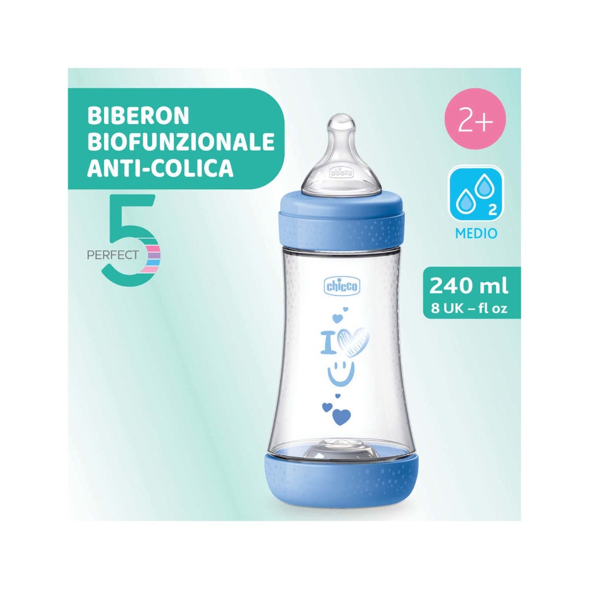 Chicco Biberon pour nouveau-né Perfect 5 Biberon bleu clair débit moyen 240 ml 2 mois+