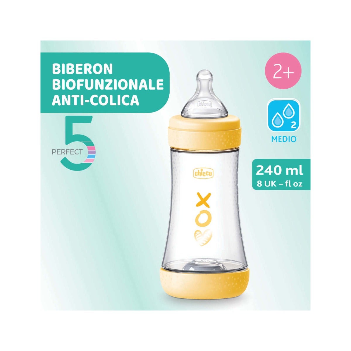 Chicco Biberon pour nouveau-né Perfect 5 Biberons jaunes à débit moyen 240 ml 2 mois+