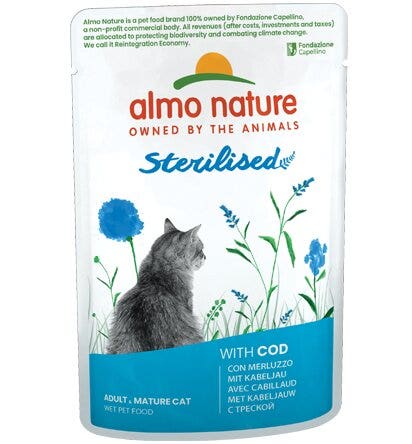 Almo Nature Sterilised, nourriture humide au cabillaud pour chats adultes stérilisés, sachet de 70 g