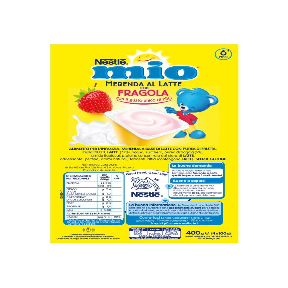 Nestlé Mio Merenda Al Latte Fragola 4 Vasetti da 100g