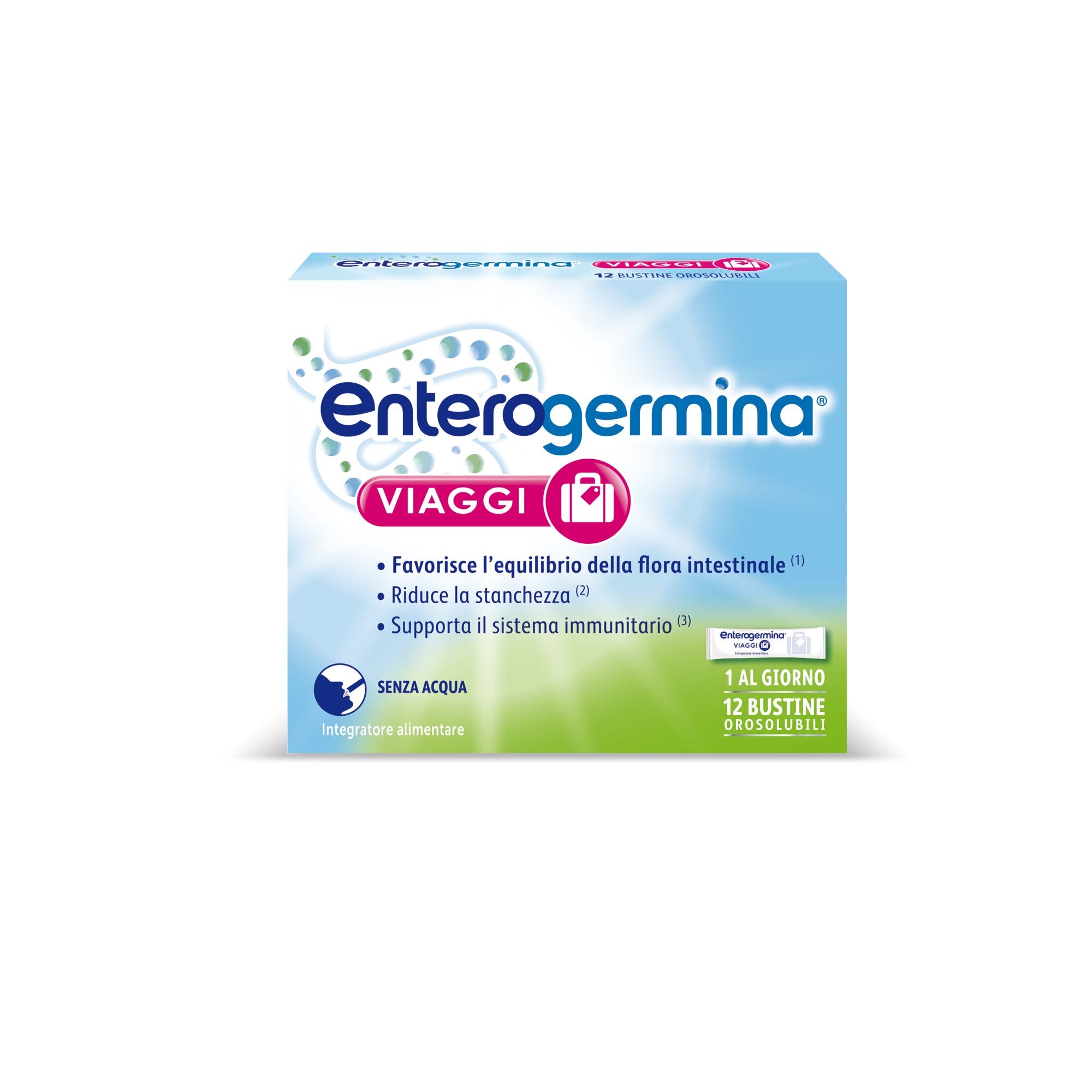 Enterogermina Voyages Régularité intestinale Probiotiques Vitamines A, B12, B6, B9 et D 12 sachets