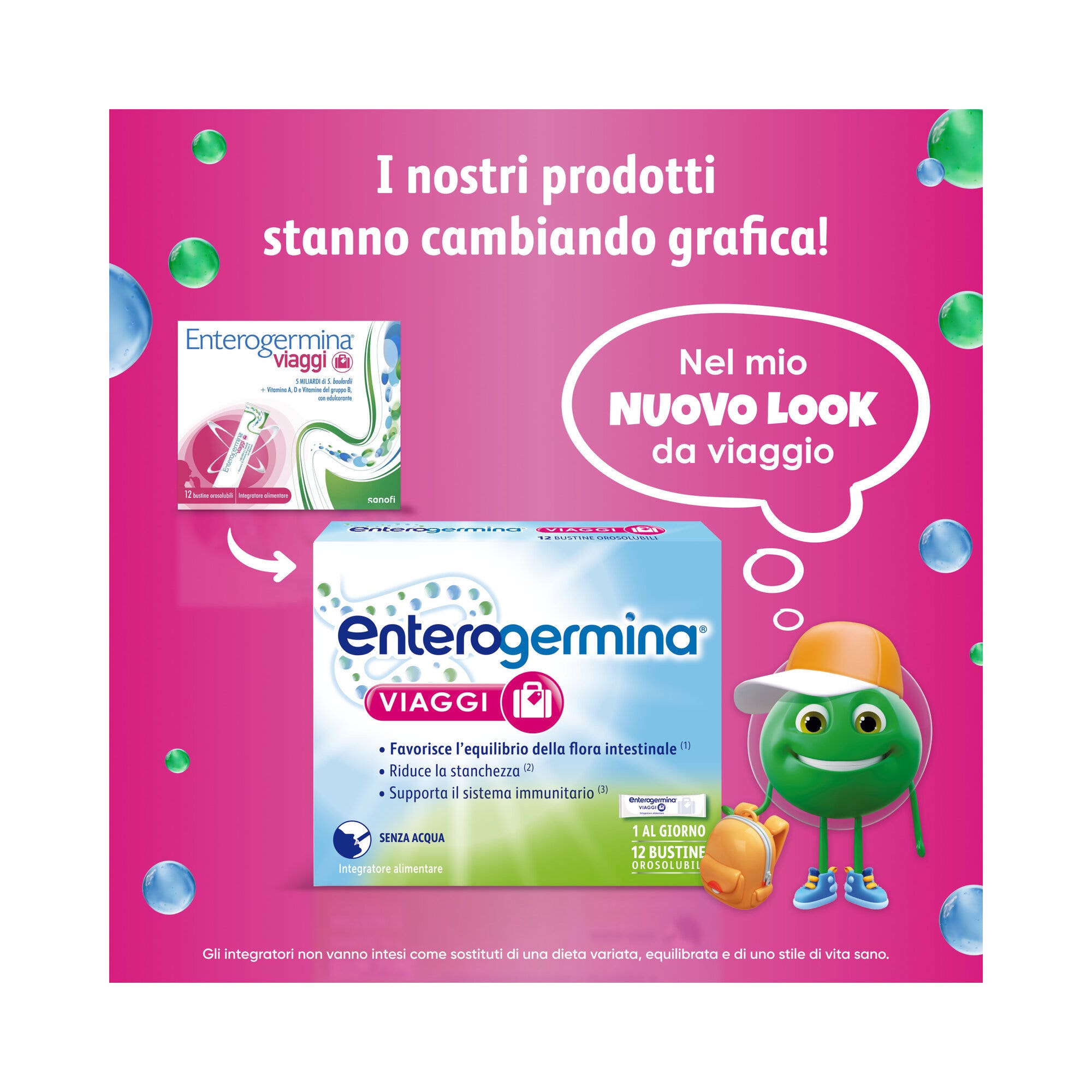 Enterogermina Viaggi Regolarità Intestinale Probiotici Vitamina A B12 B6 B9 e Vitamina D 12 Bustine