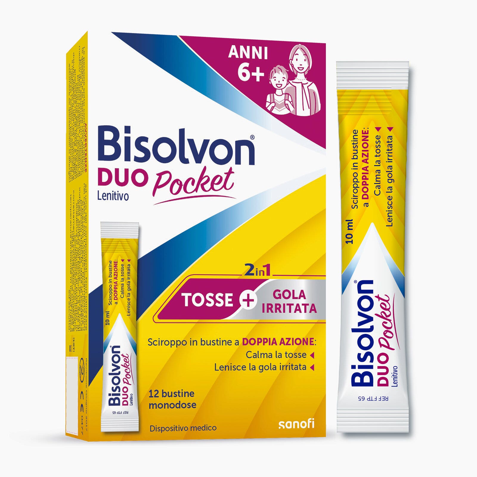 Bisolvon Duo Pocket Lenitivo Sciroppo in Bustina Contro Tosse e Gola Irritata Adulti Bambini 12 Bustine Monodose