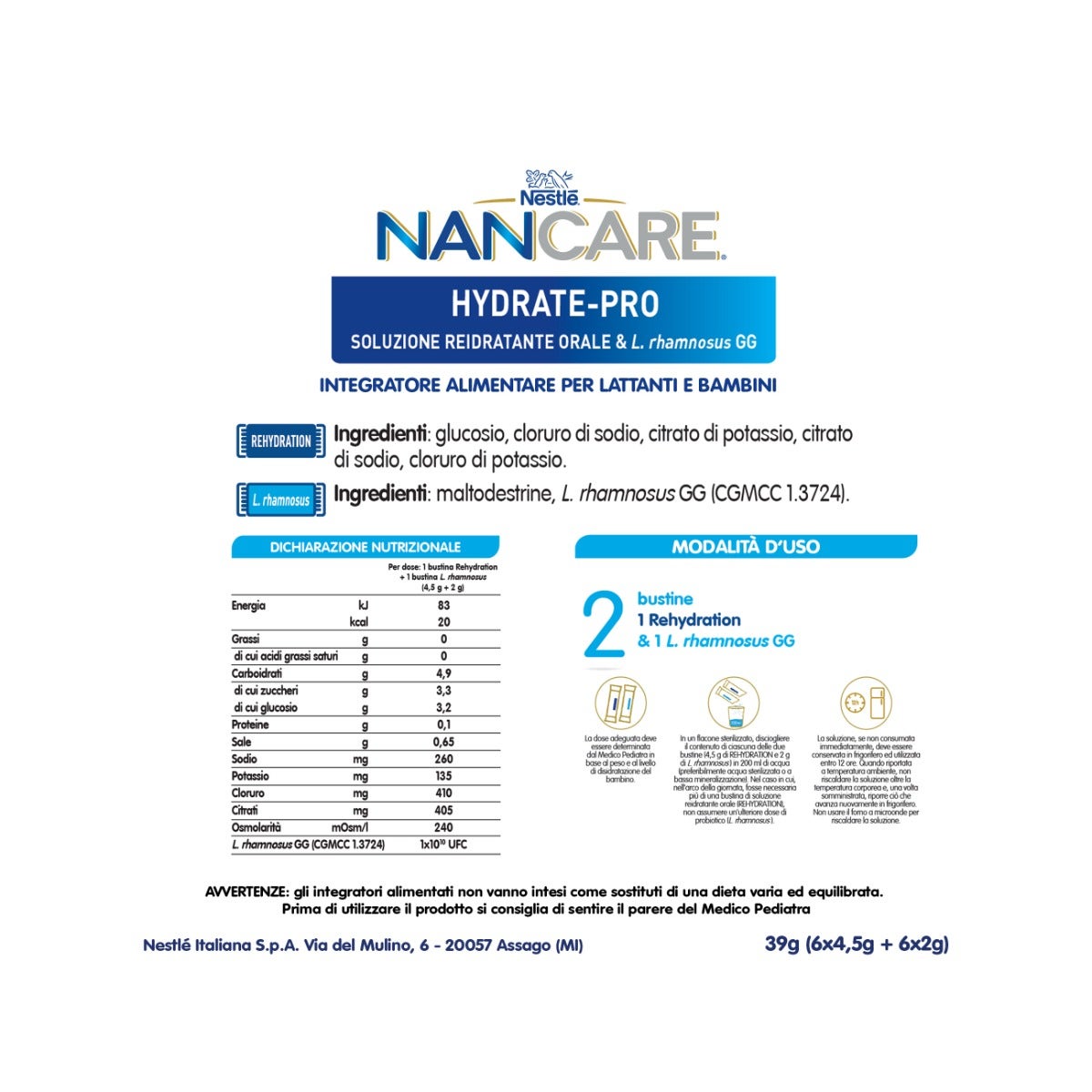 Nestlé Nancare Hydrate-pro Complément alimentaire pédiatrique pour nourrissons et enfants dès la naissance 12 sachets