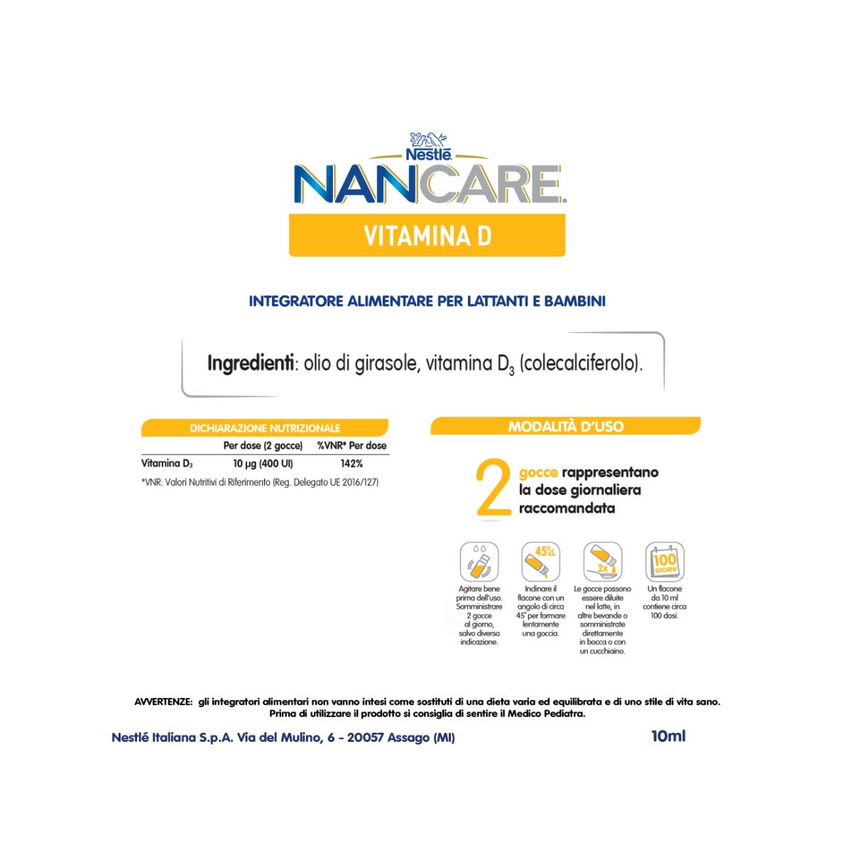 Nestlé Nancare Vitamine D Complément alimentaire pédiatrique pour nourrissons et enfants 10 ml