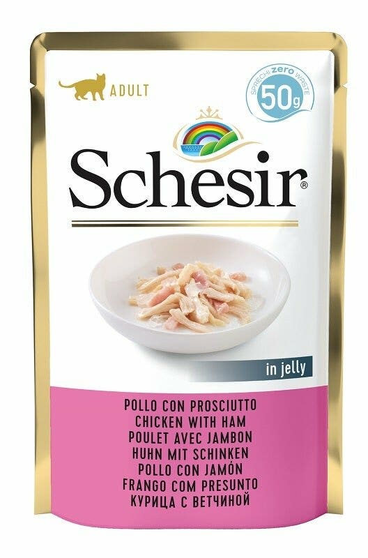 Schesir Poulet au jambon en gelée, nourriture humide pour chats adultes, sachet de 50 g