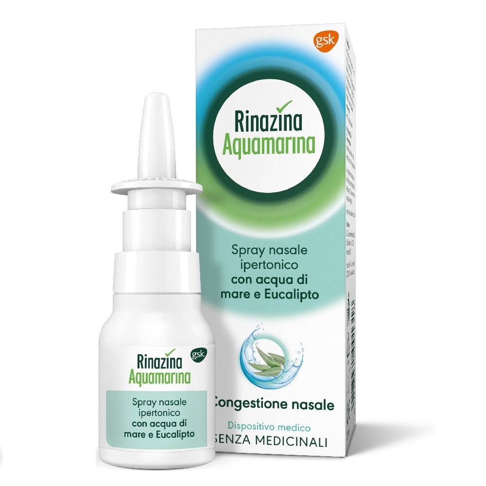 Rinazina Aquamarina Spray nasal hypertonique décongestionnant contre le rhume, eau de mer et eucalyptus, 20 ml