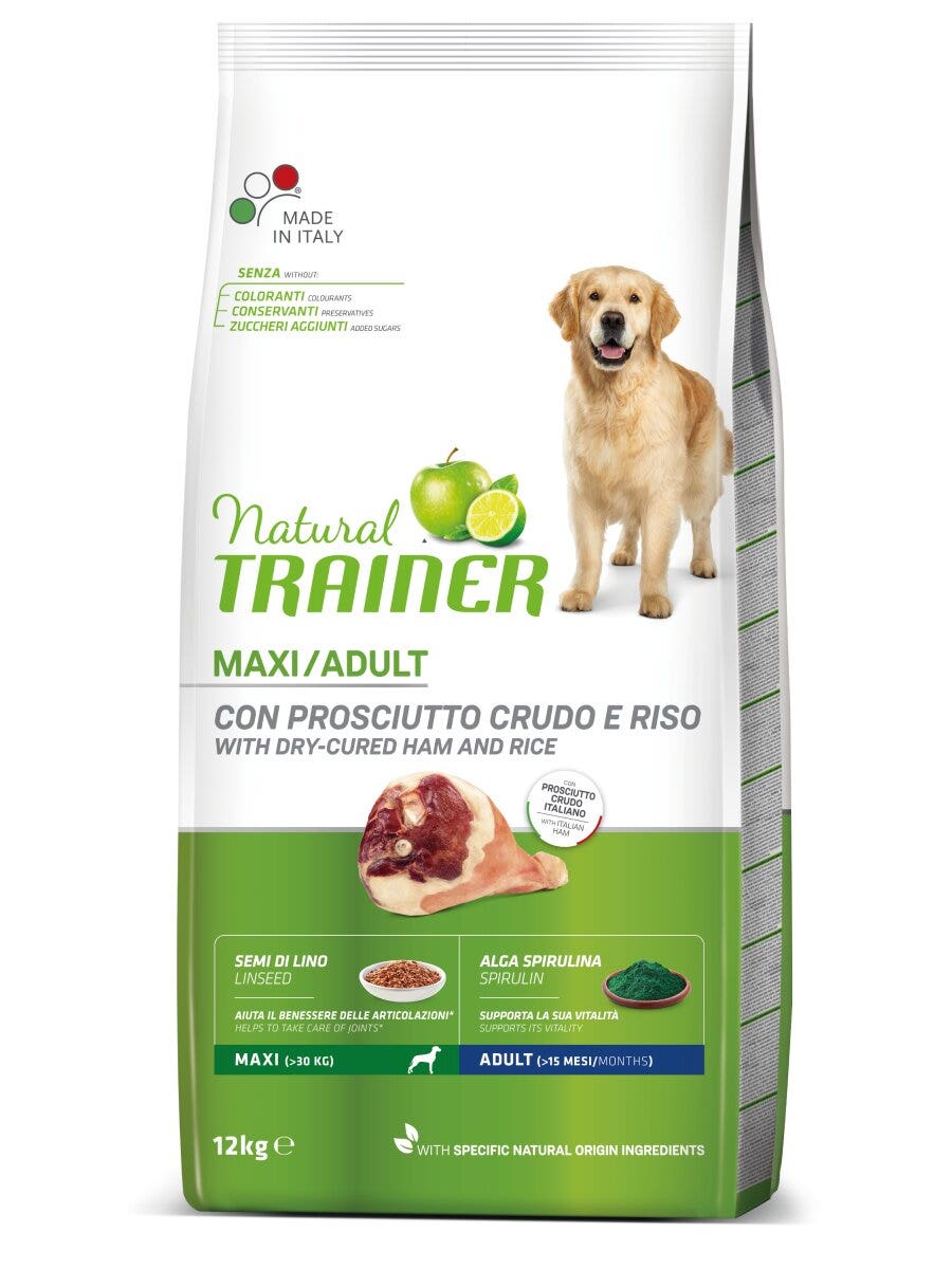 Natural Trainer Crocchette Prosciutto Crudo/Riso Per Cani Adulti Taglia Grande Sacco 12kg