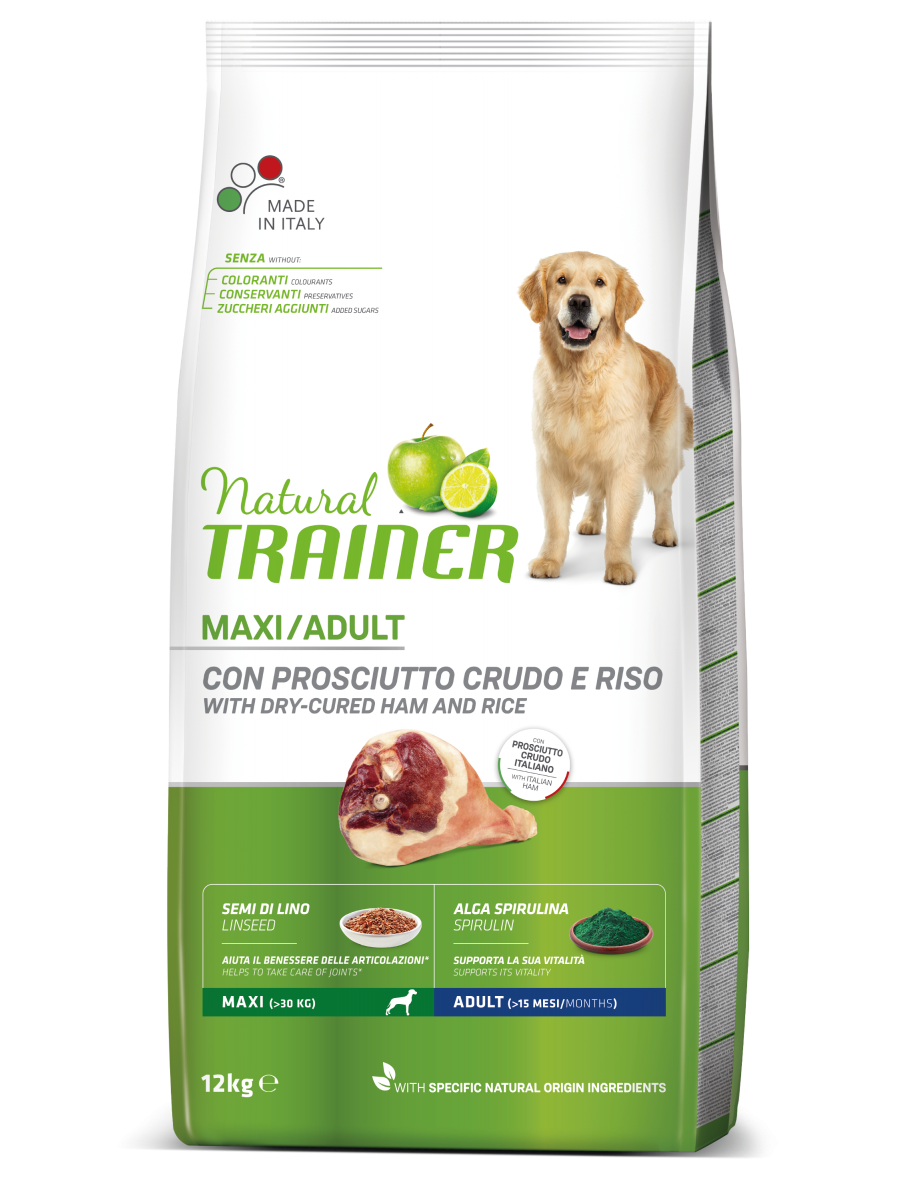 Natural Trainer Crocchette Prosciutto Crudo/Riso Per Cani Adulti Taglia Grande Sacco 12kg