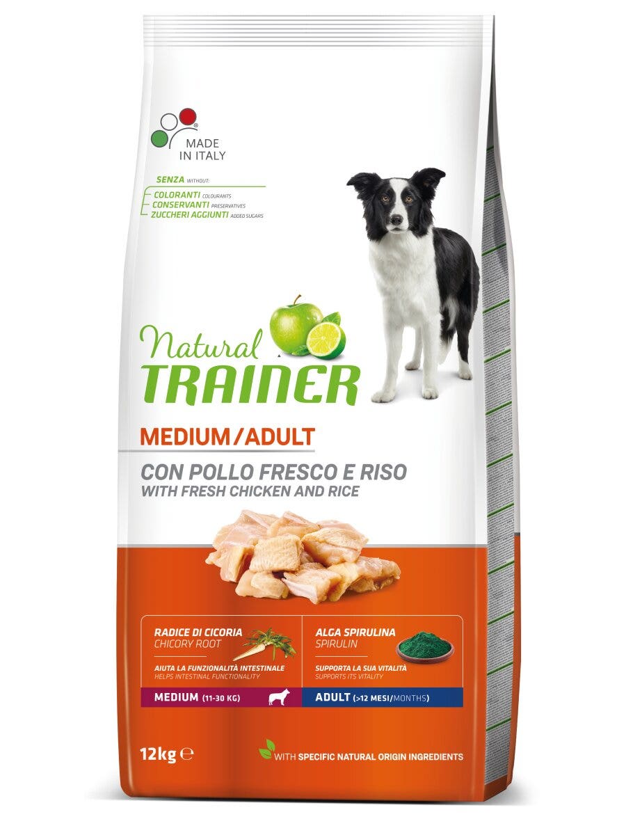Natural Trainer Crocchette Pollo/Riso/Alga Spirulina Per Cani Adulti Taglia Media Sacco 12kg