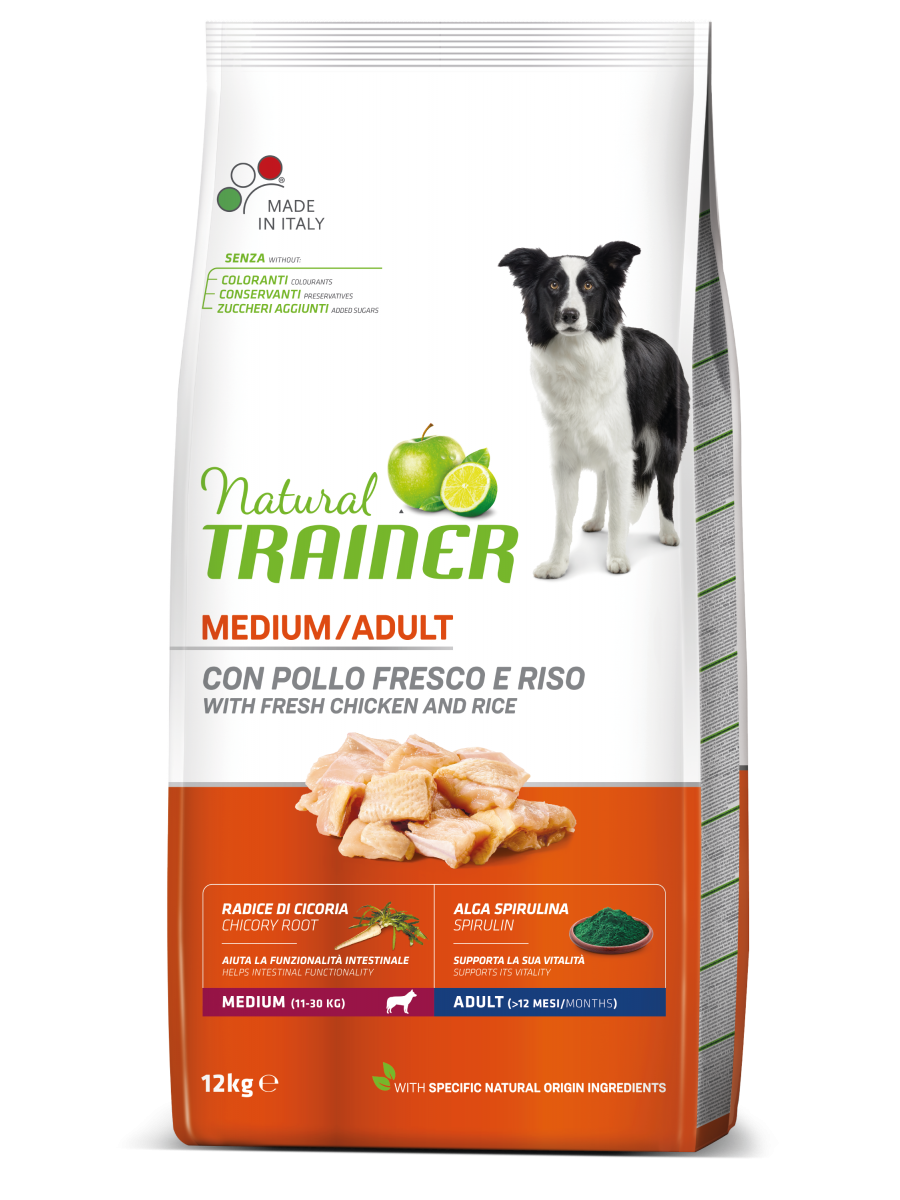 Natural Trainer Crocchette Pollo/Riso/Alga Spirulina Per Cani Adulti Taglia Media Sacco 12kg