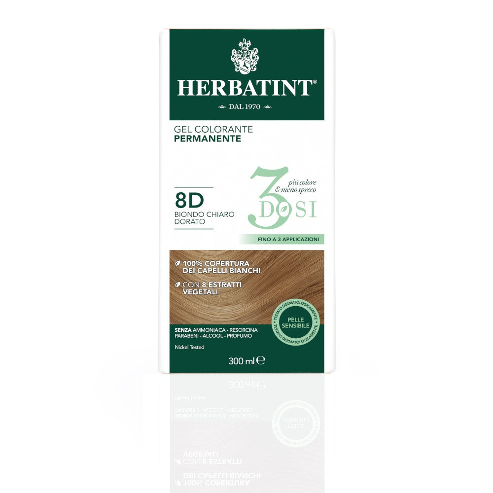 Herbatint Tintura Per Capelli Gel Permanente 8D Biondo Chiaro Dorato 3 Dosi 300ml