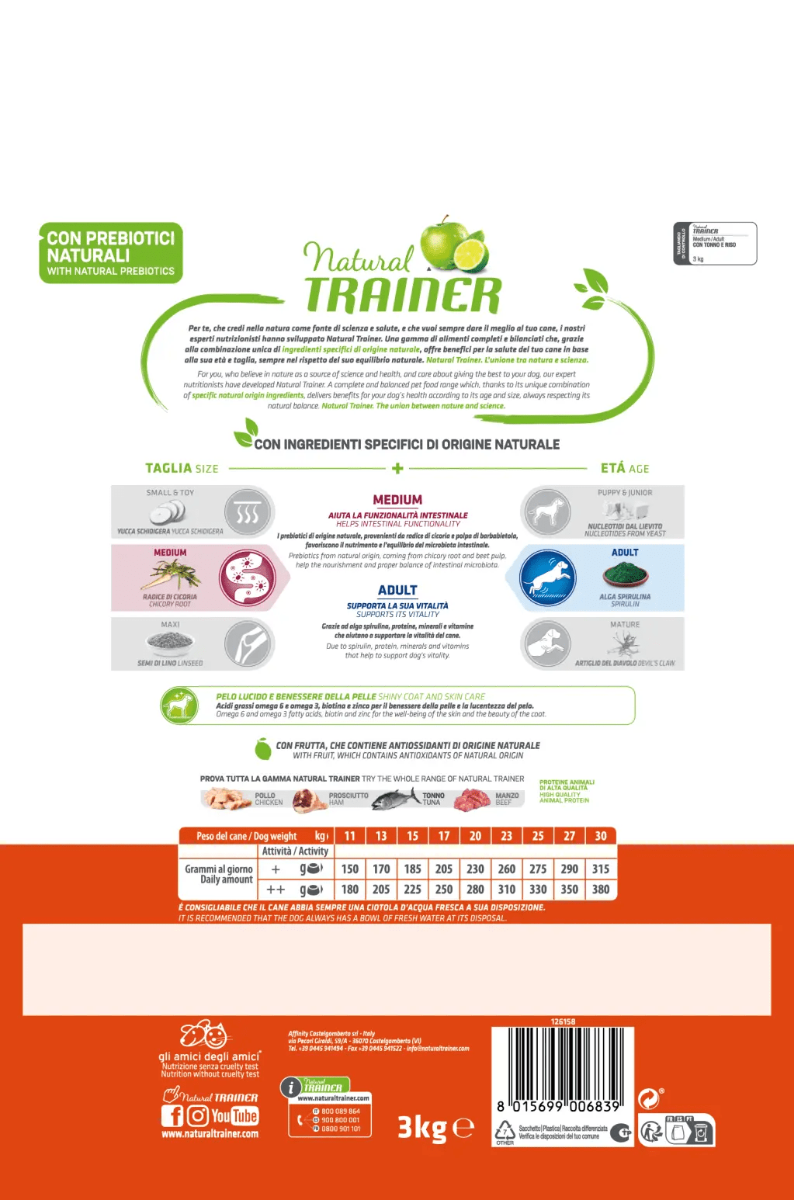 Natural Trainer Crocchette Tonno/Riso Per Cani Adulti Taglia Media Sacco 12 Kg